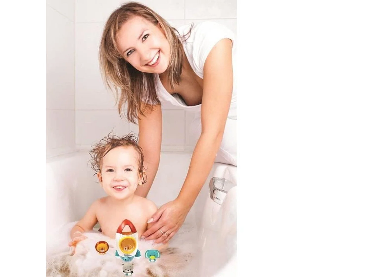 Jeu de bain fusée avec 3 animaux souples pour enfants de 18 mois et plus - jets d'eau tournants