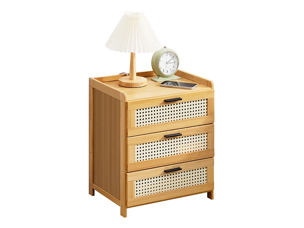 Natural Solid Wood 3-Drawers Nightstand