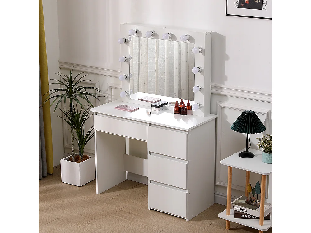 White Dressing Table with 12-Light Hollywood Mirror and 4 Drawers