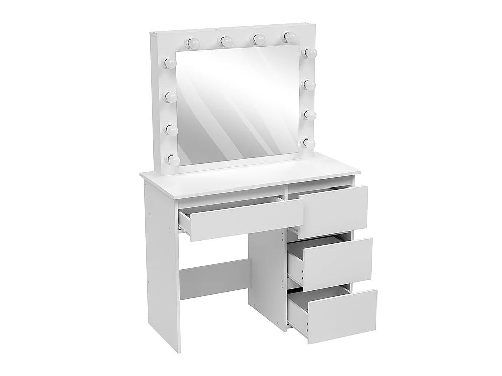 White Dressing Table with 12-Light Hollywood Mirror and 4 Drawers