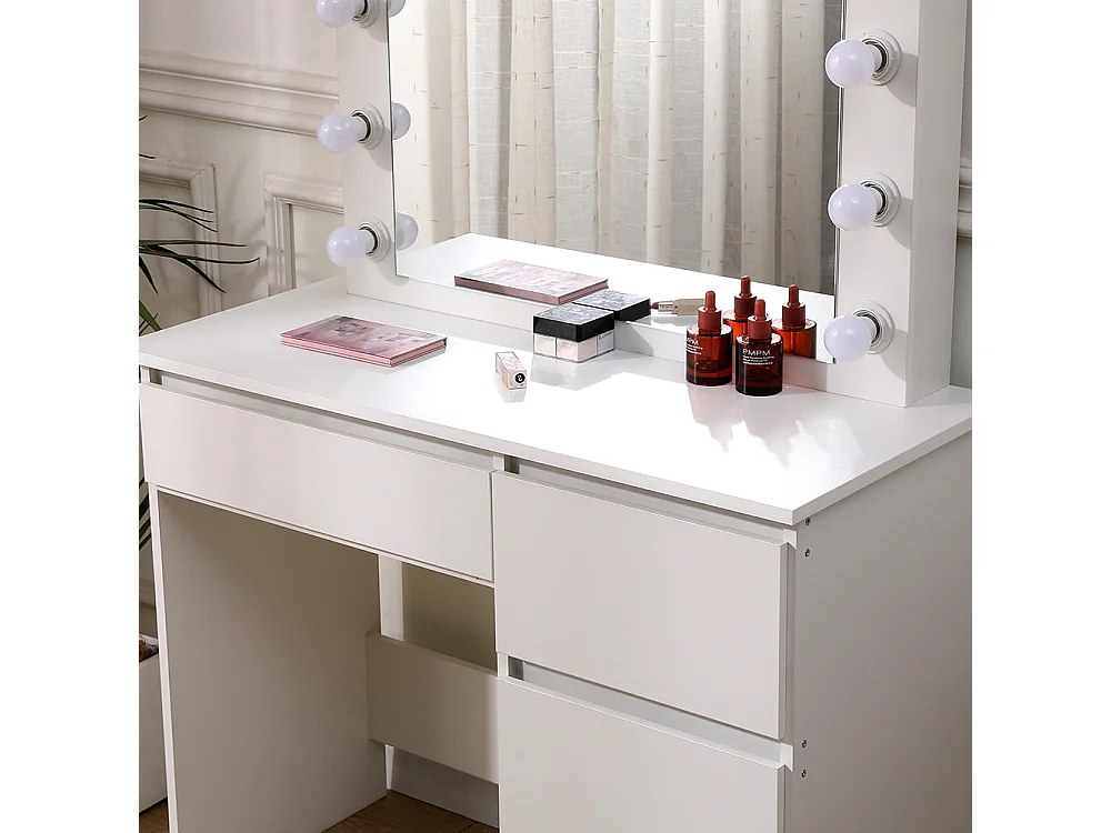 White Dressing Table with 12-Light Hollywood Mirror and 4 Drawers
