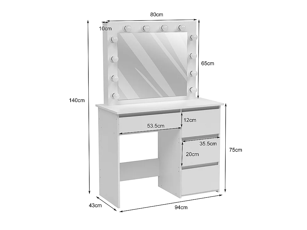 White Dressing Table with 12-Light Hollywood Mirror and 4 Drawers