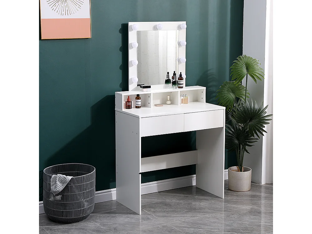 White Dressing Table with 9-Light Mirror and 2 Drawers