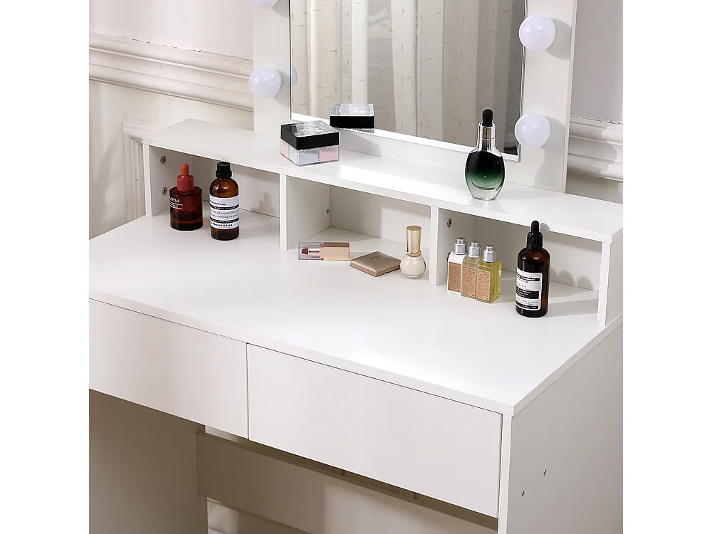 White Dressing Table with 9-Light Mirror and 2 Drawers