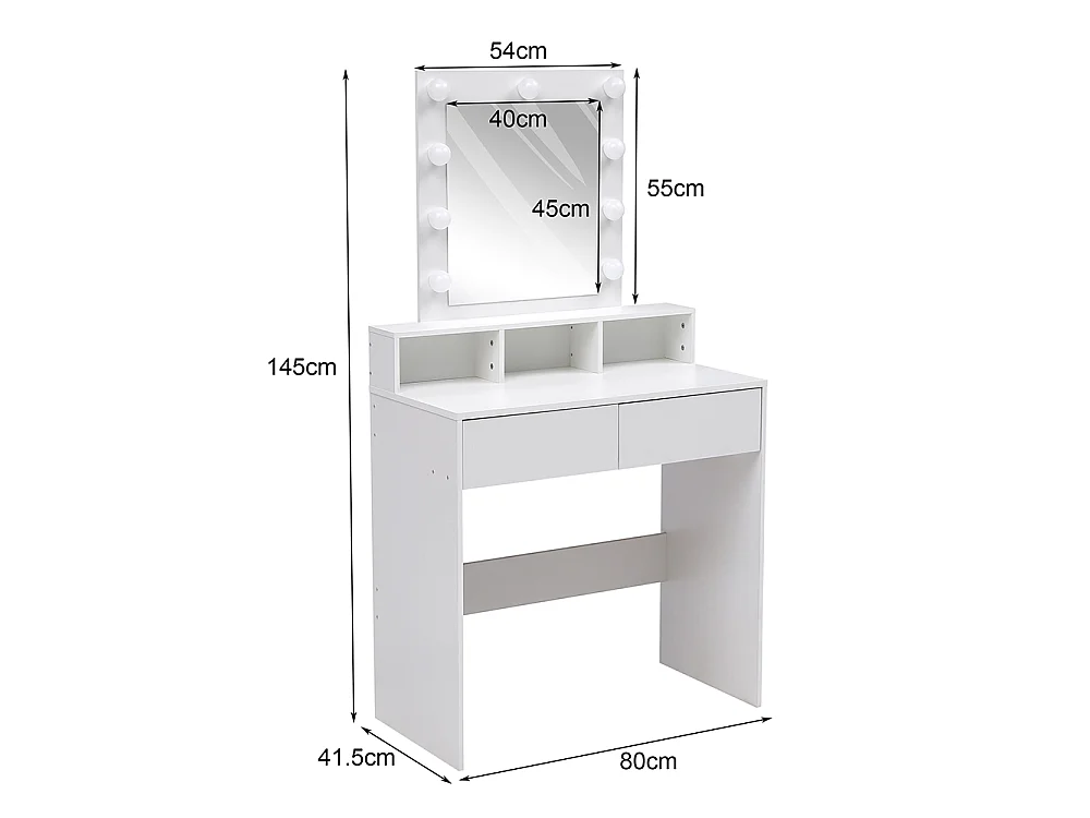White Dressing Table with 9-Light Mirror and 2 Drawers