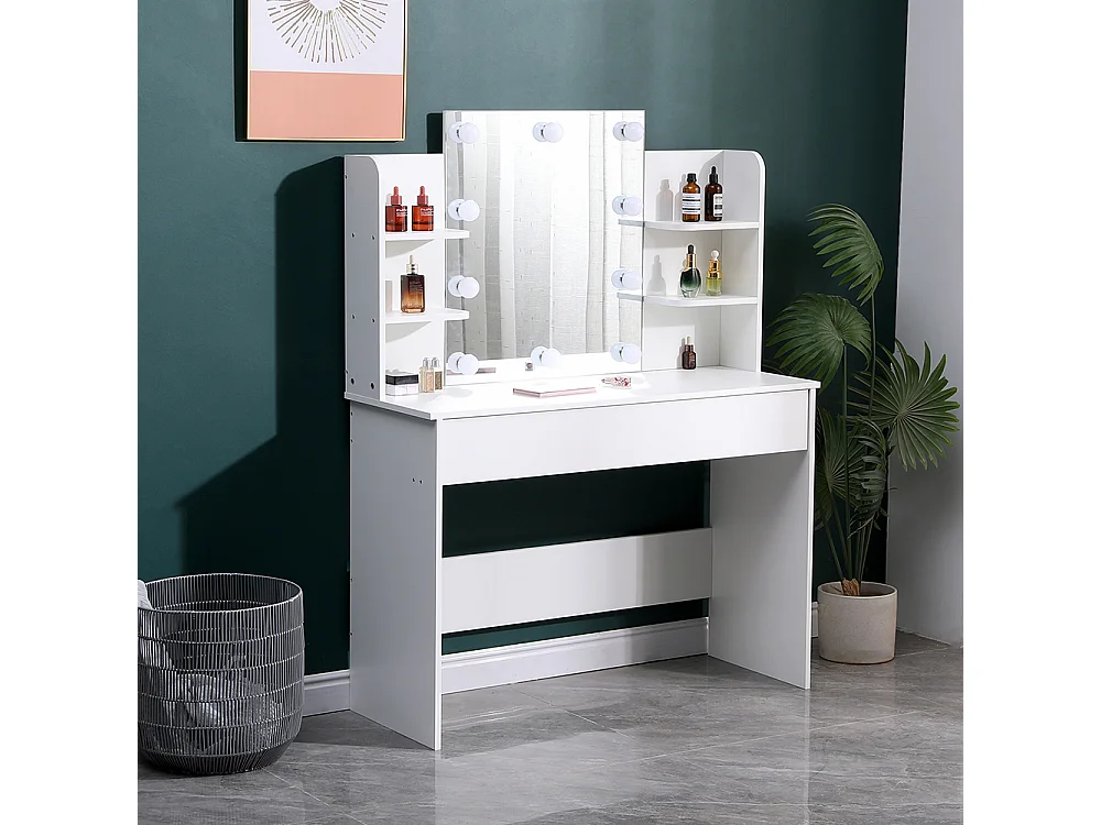 White Vanity Desk with 10-Light Mirror and Large Drawer