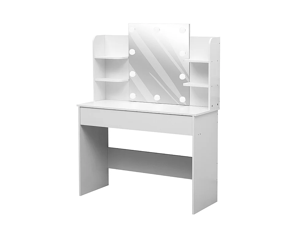 White Vanity Desk with 10-Light Mirror and Large Drawer
