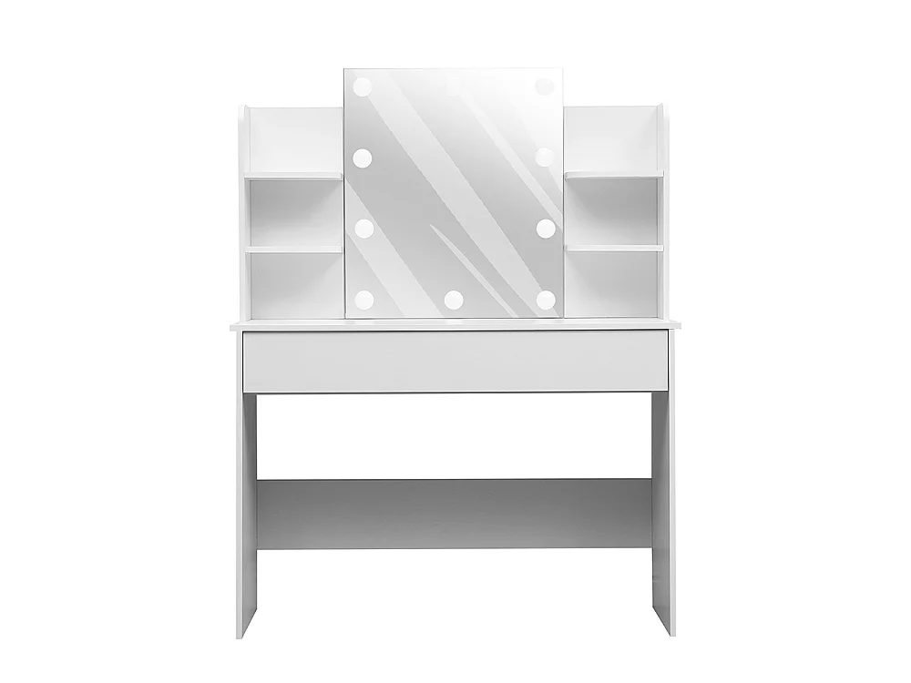 White Vanity Desk with 10-Light Mirror and Large Drawer