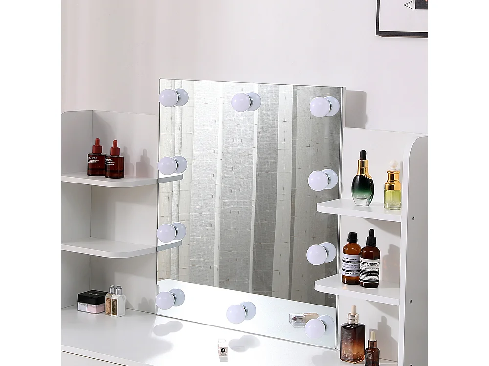 White Vanity Desk with 10-Light Mirror and Large Drawer