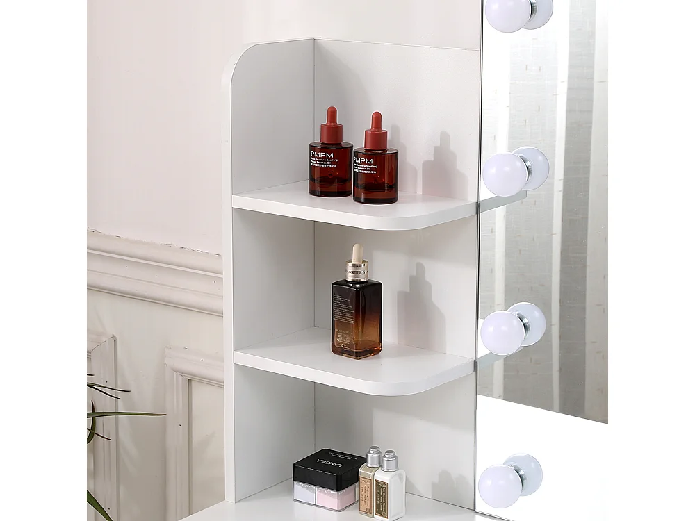 White Vanity Desk with 10-Light Mirror and Large Drawer