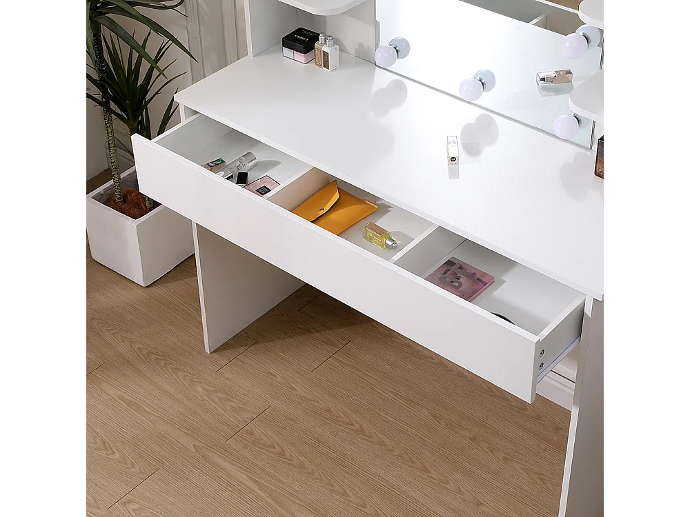 White Vanity Desk with 10-Light Mirror and Large Drawer
