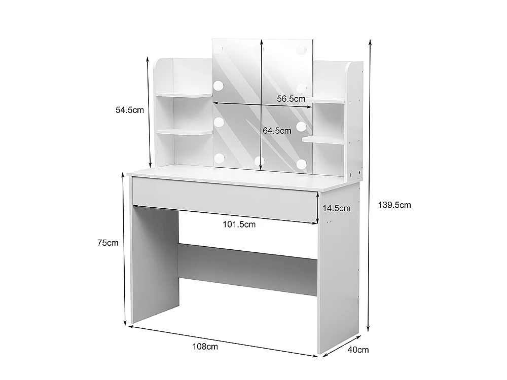 White Vanity Desk with 10-Light Mirror and Large Drawer