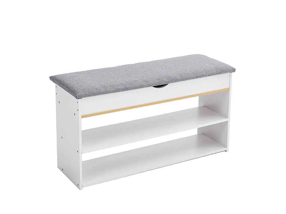 2-in-1 Shoe Storage Bench with Linen Cushion and Shelves - White