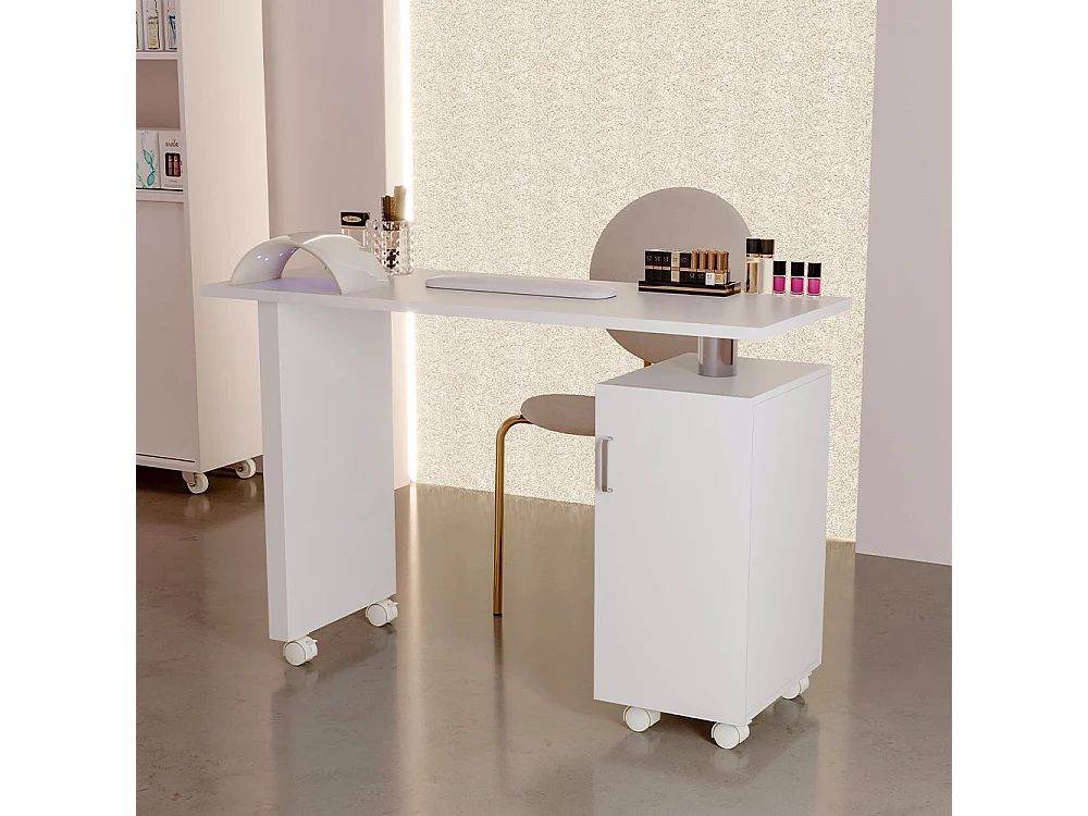 White Rolling Nail Table with Storage Cabinet and Wrist Rest