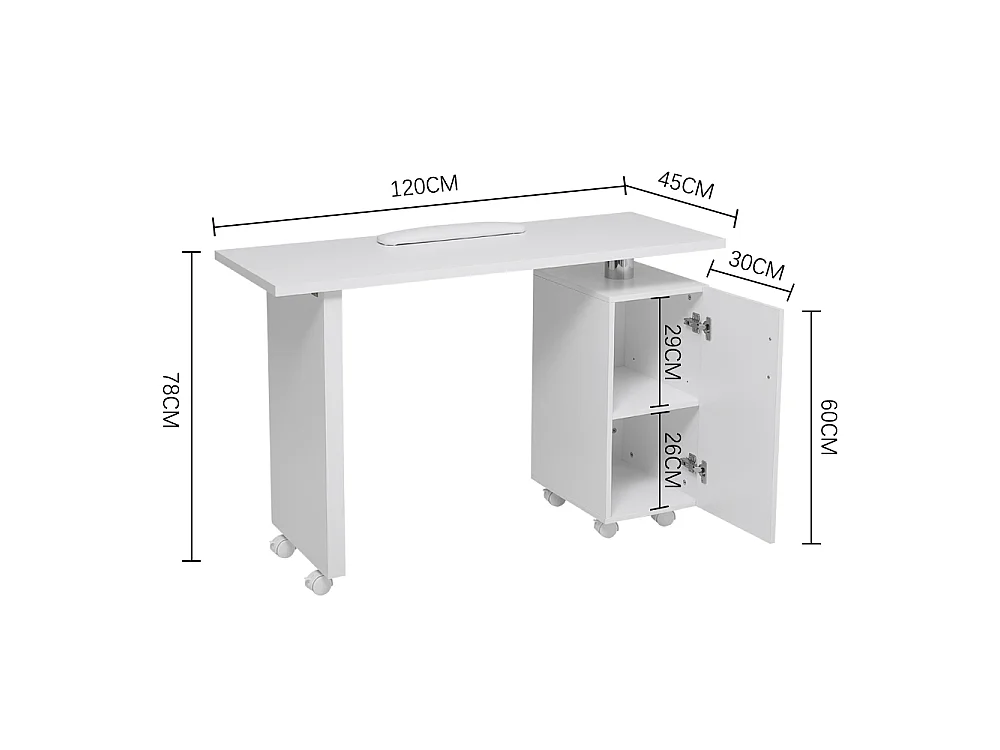 White Rolling Nail Table with Storage Cabinet and Wrist Rest