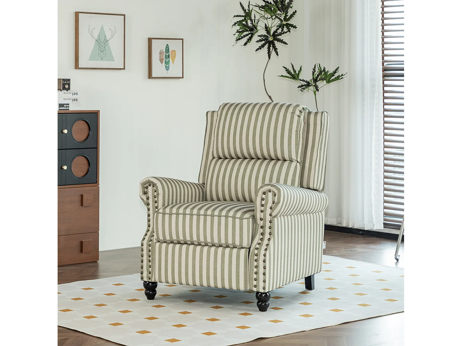 Light Green & Beige White Stripe Linen Wingback Recliner Chair with Footstool