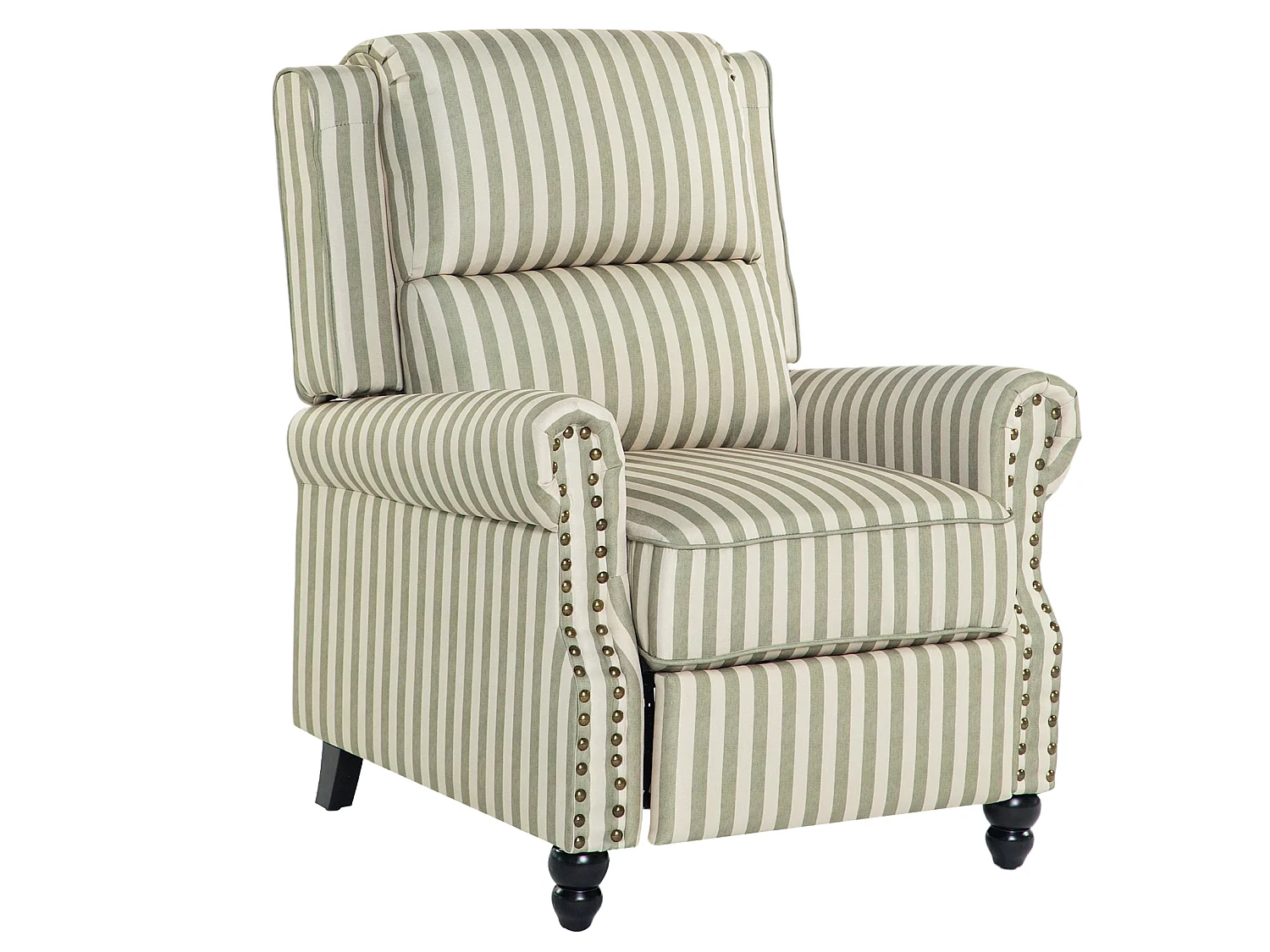 Light Green & Beige White Stripe Linen Wingback Recliner Chair with Footstool