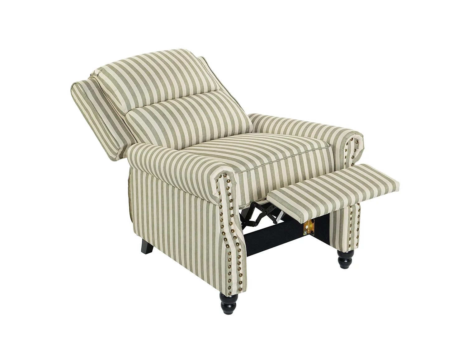 Light Green & Beige White Stripe Linen Wingback Recliner Chair with Footstool