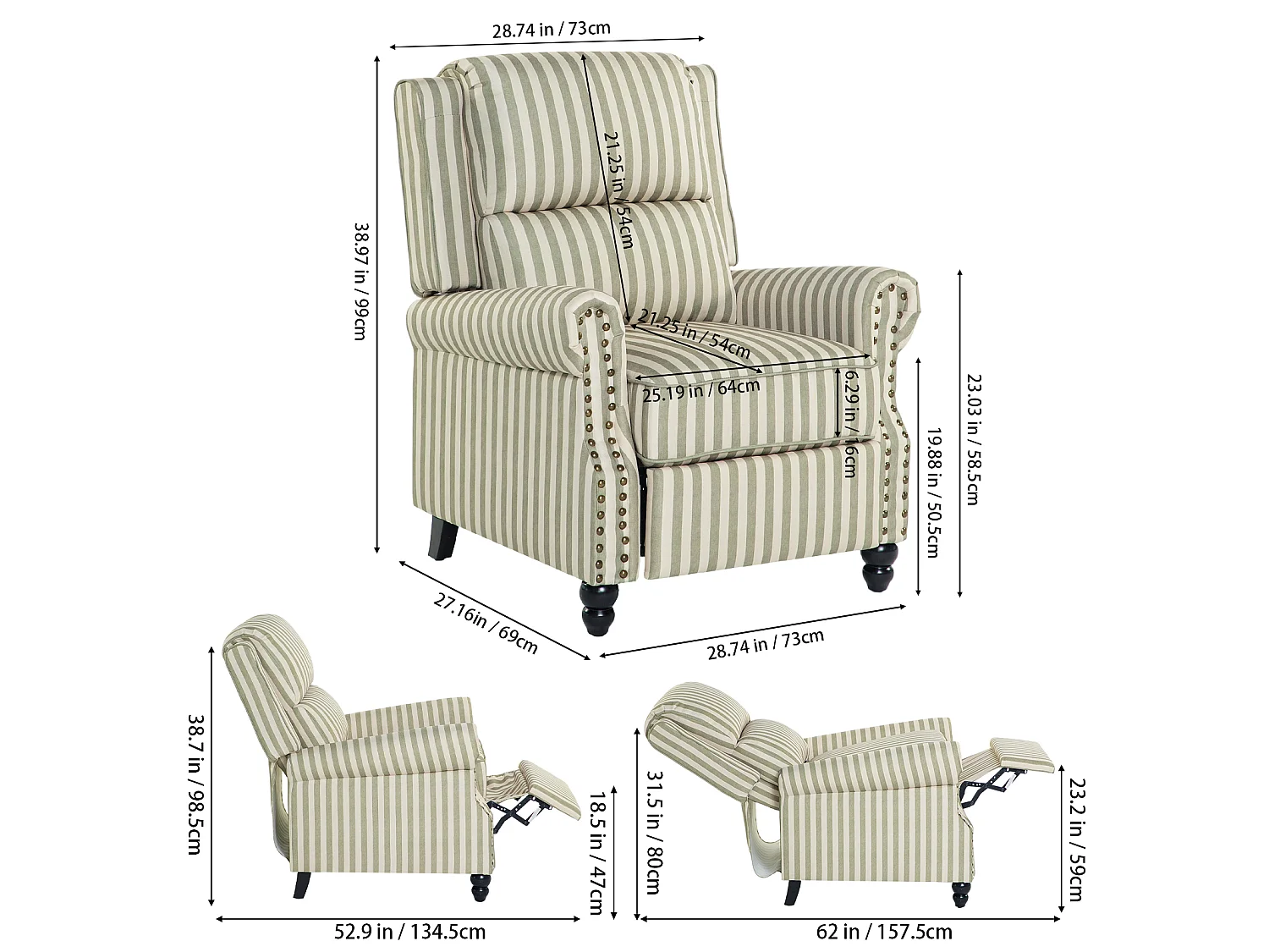Light Green & Beige White Stripe Linen Wingback Recliner Chair with Footstool