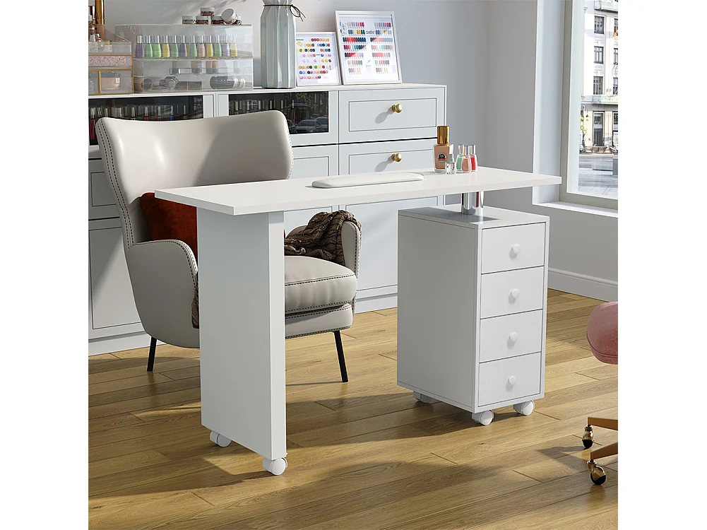 White Rolling Nail Table with 4 Drawers and Wrist Rest