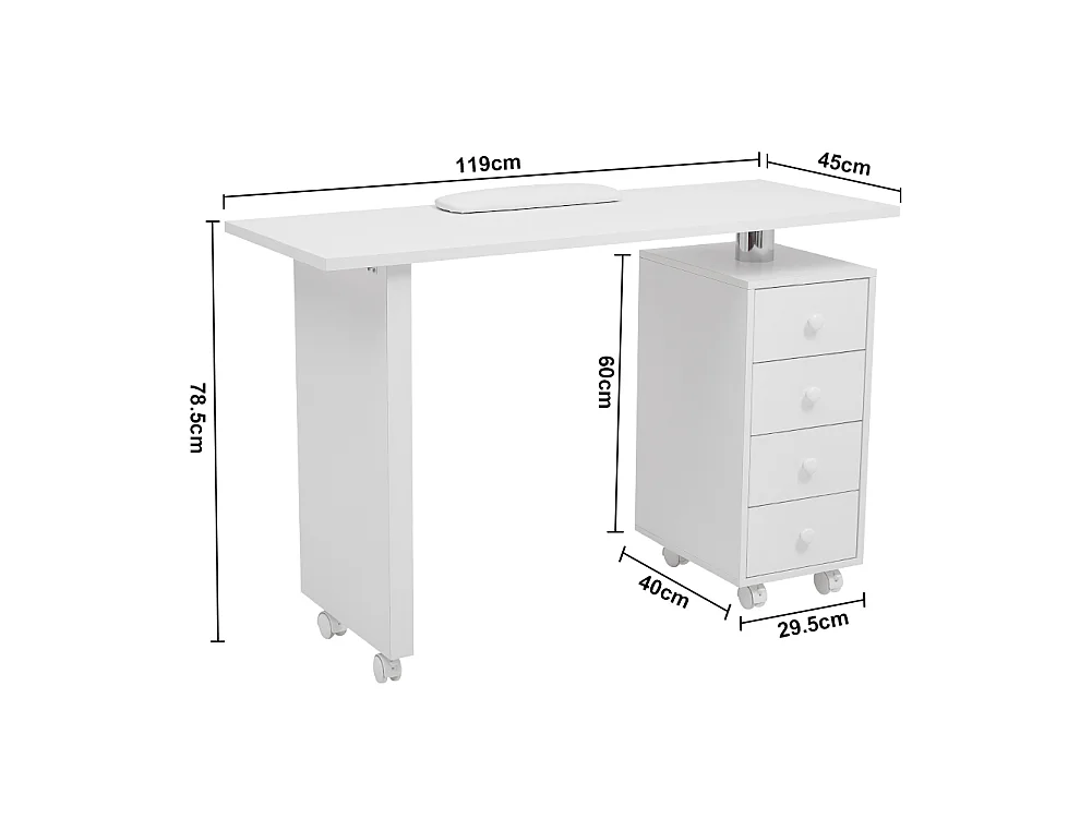 White Rolling Nail Table with 4 Drawers and Wrist Rest