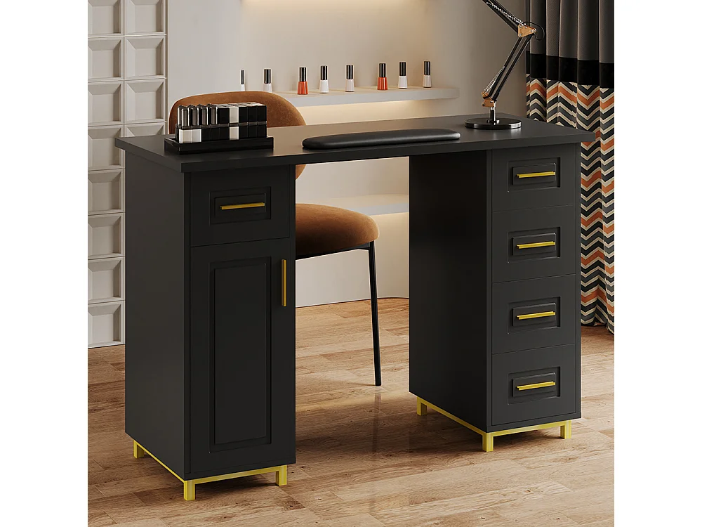 Black and Gold Nail Table with 5 Drawers, Storage Cabinet and Wrist Rest