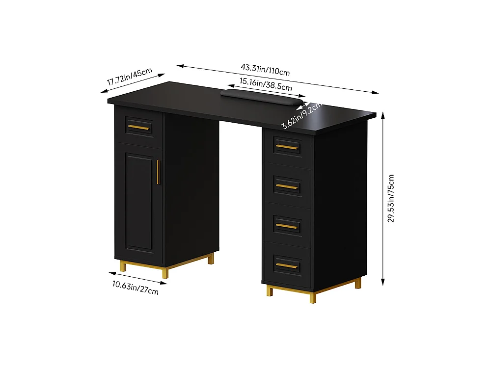 Black and Gold Nail Table with 5 Drawers, Storage Cabinet and Wrist Rest