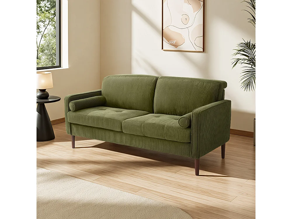 Green Corduroy 2 Seater Sofa with Cylindrical Pillows