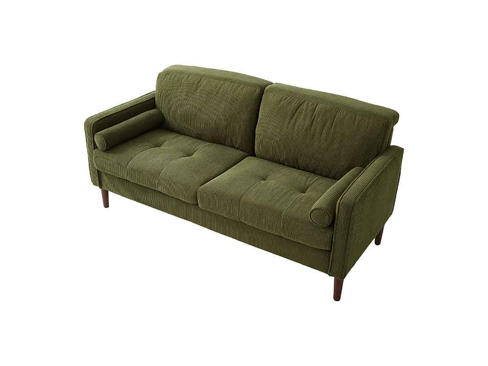 Green Corduroy 2 Seater Sofa with Cylindrical Pillows