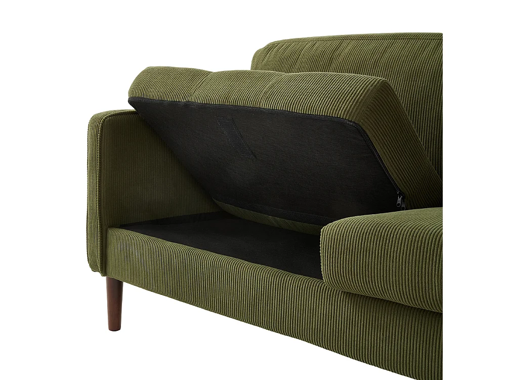 Green Corduroy 2 Seater Sofa with Cylindrical Pillows