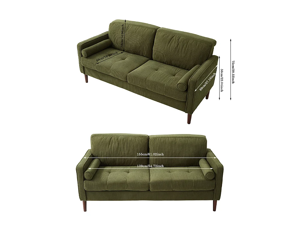 Green Corduroy 2 Seater Sofa with Cylindrical Pillows