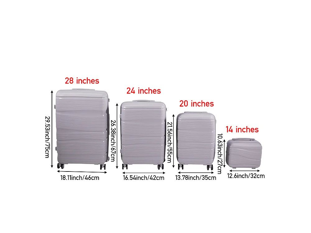 Light Grey 4 Piece Hardshell Luggage Set with Spinner Wheels 14 20 24 and 28 Inch