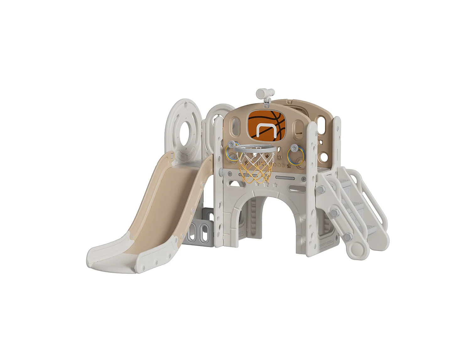 Beige and Coffee 6 in 1 Toddler Slide and Climber Playset with Basketball Hoop