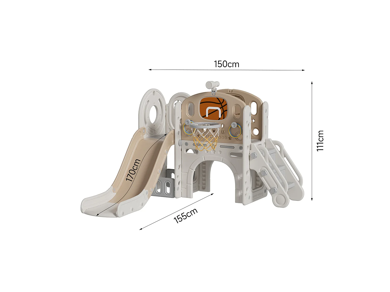 Beige and Coffee 6 in 1 Toddler Slide and Climber Playset with Basketball Hoop