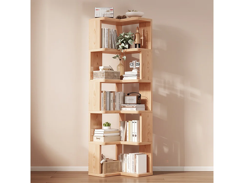 5-Tier L-Shaped Wooden Storage Rack with Shelves - Natural