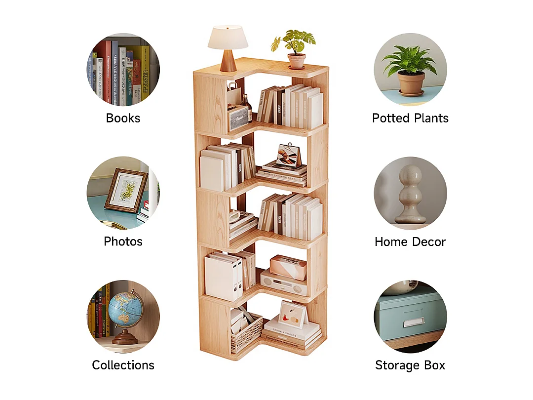5-Tier L-Shaped Wooden Storage Rack with Shelves - Natural