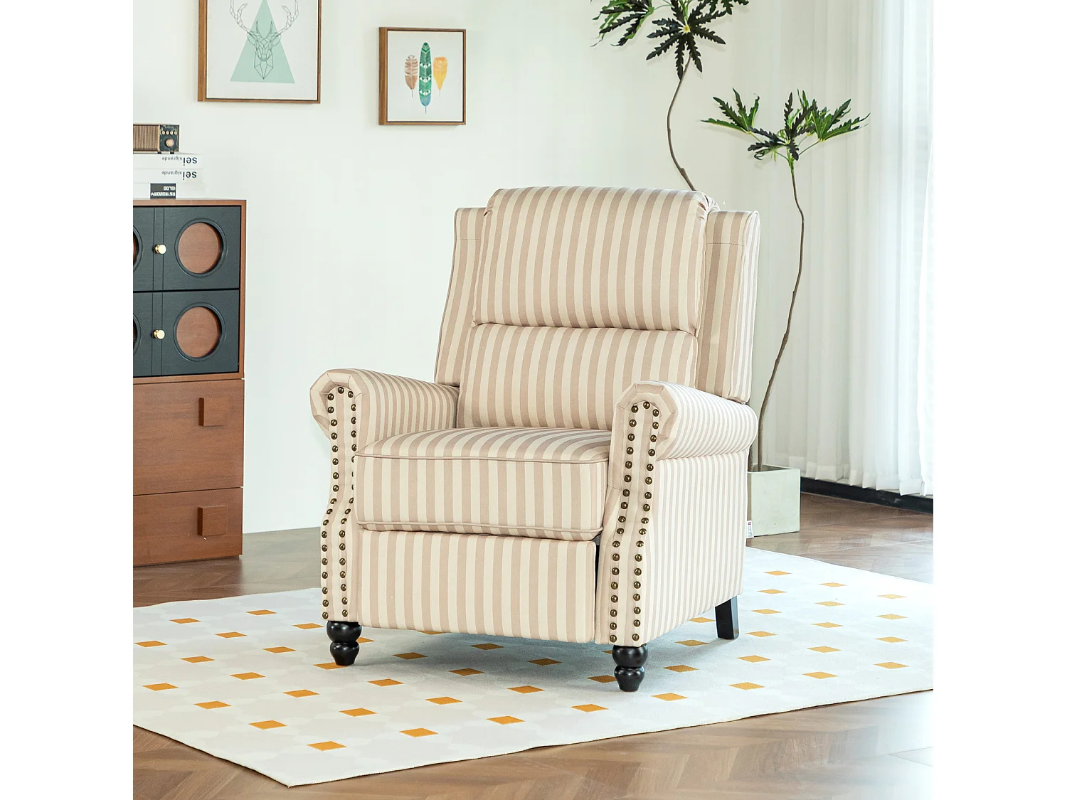 Light Brown & Beige White Stripe Linen Wingback Recliner Chair with Footstool