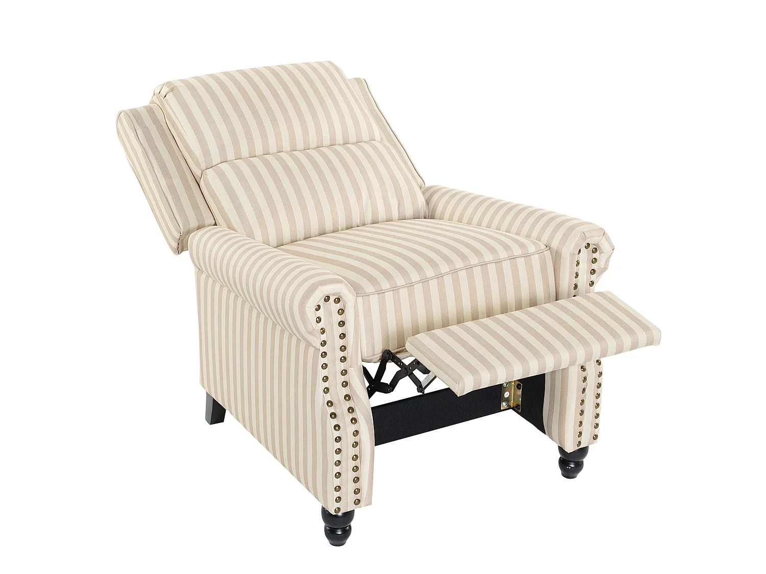 Light Brown & Beige White Stripe Linen Wingback Recliner Chair with Footstool