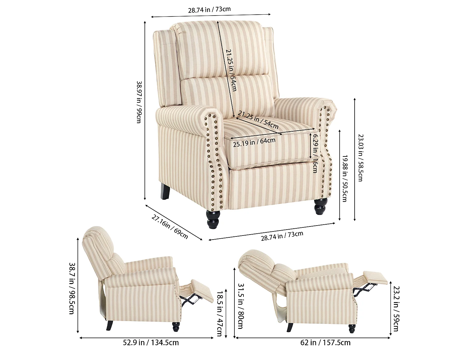 Light Brown & Beige White Stripe Linen Wingback Recliner Chair with Footstool