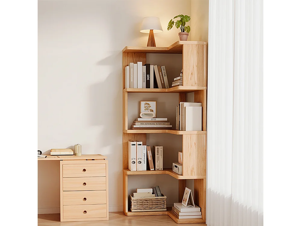 4-Tier L-Shaped Wooden Storage Rack with Shelves - Natural