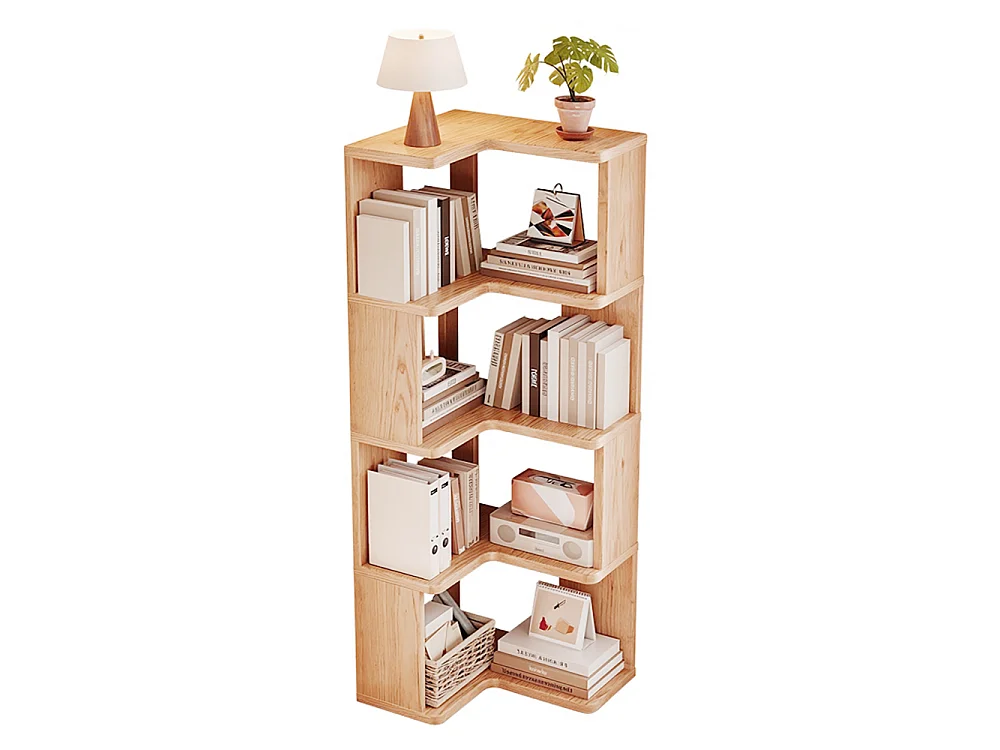 4-Tier L-Shaped Wooden Storage Rack with Shelves - Natural