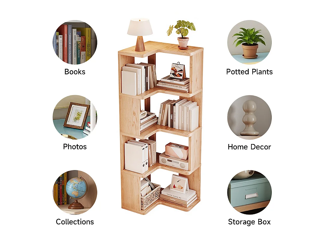 4-Tier L-Shaped Wooden Storage Rack with Shelves - Natural