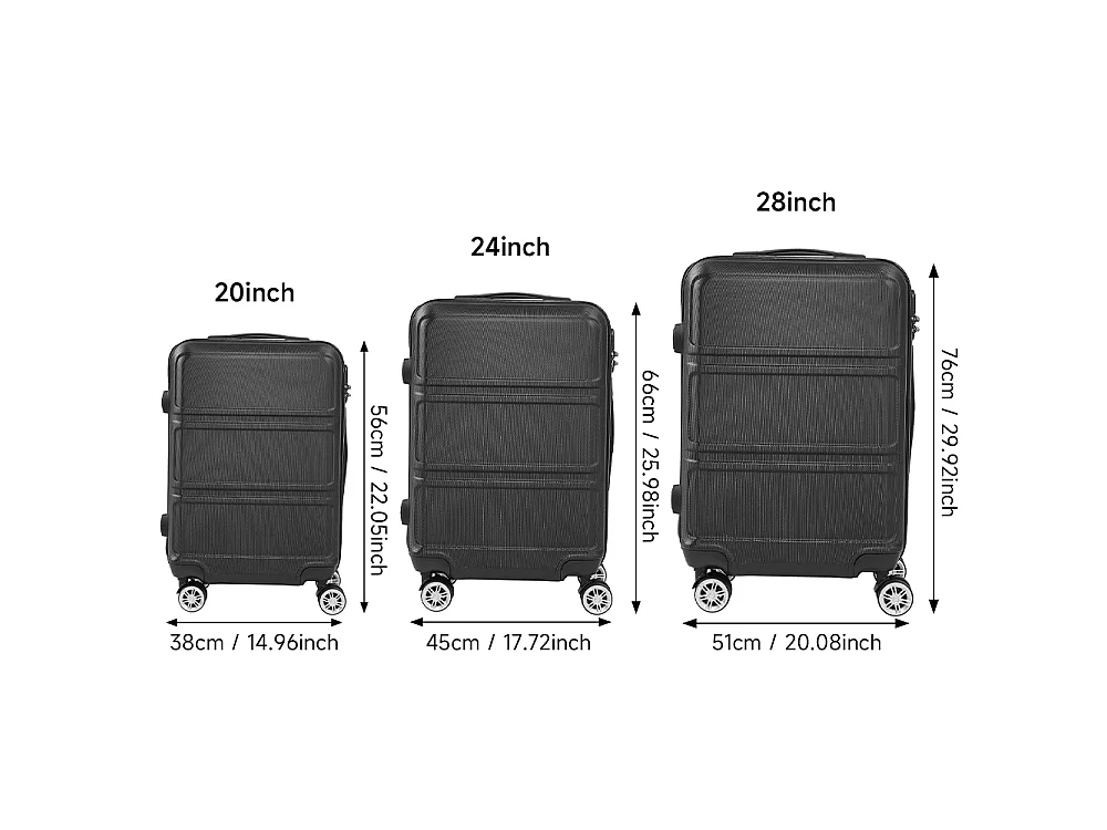 Black 3 Piece Hardshell Luggage Set with Spinner Wheels 20 24 and 28 Inch
