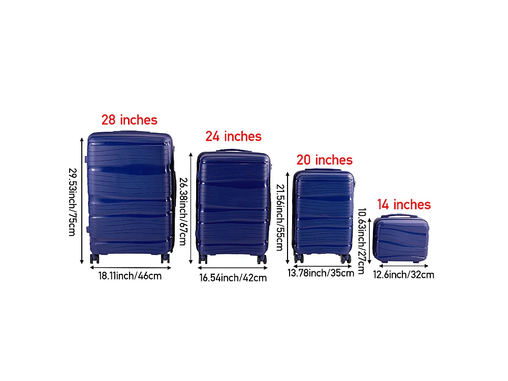 Navy Blue 4 Piece PP Hardshell Luggage Set with Spinner Wheels 14 20 24 and 28 Inch