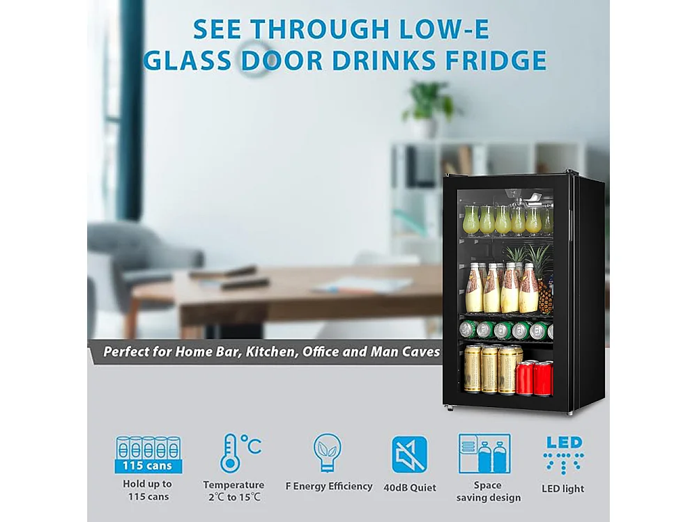 Comfee Black 93L Drinks Fridge with Glass Door 2°C to 15°C