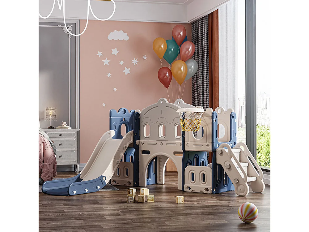 Grey and Blue Children's Slide and Basketball Playset with Twin Ball Pits