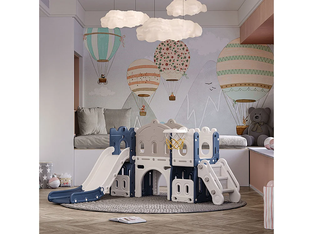 Grey and Blue Children's Slide and Basketball Playset with Twin Ball Pits
