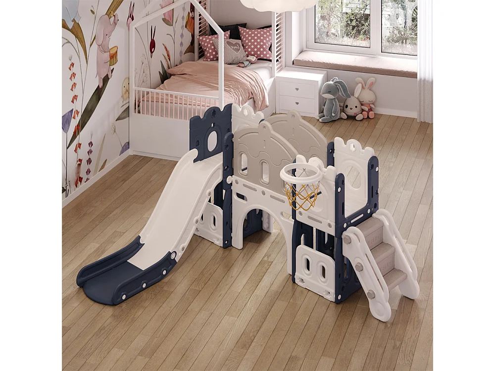 Grey and Blue Children's Slide and Basketball Playset with Twin Ball Pits