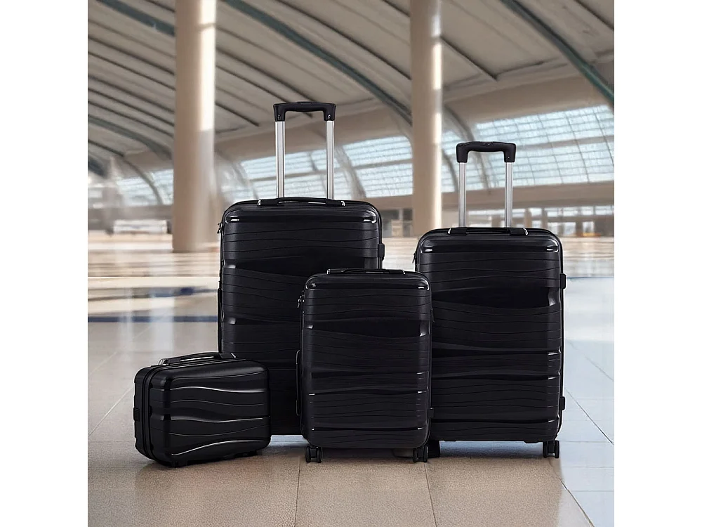 Black 4 Piece PP Hardshell Luggage Set with Spinner Wheels 14 20 24 and 28 Inch