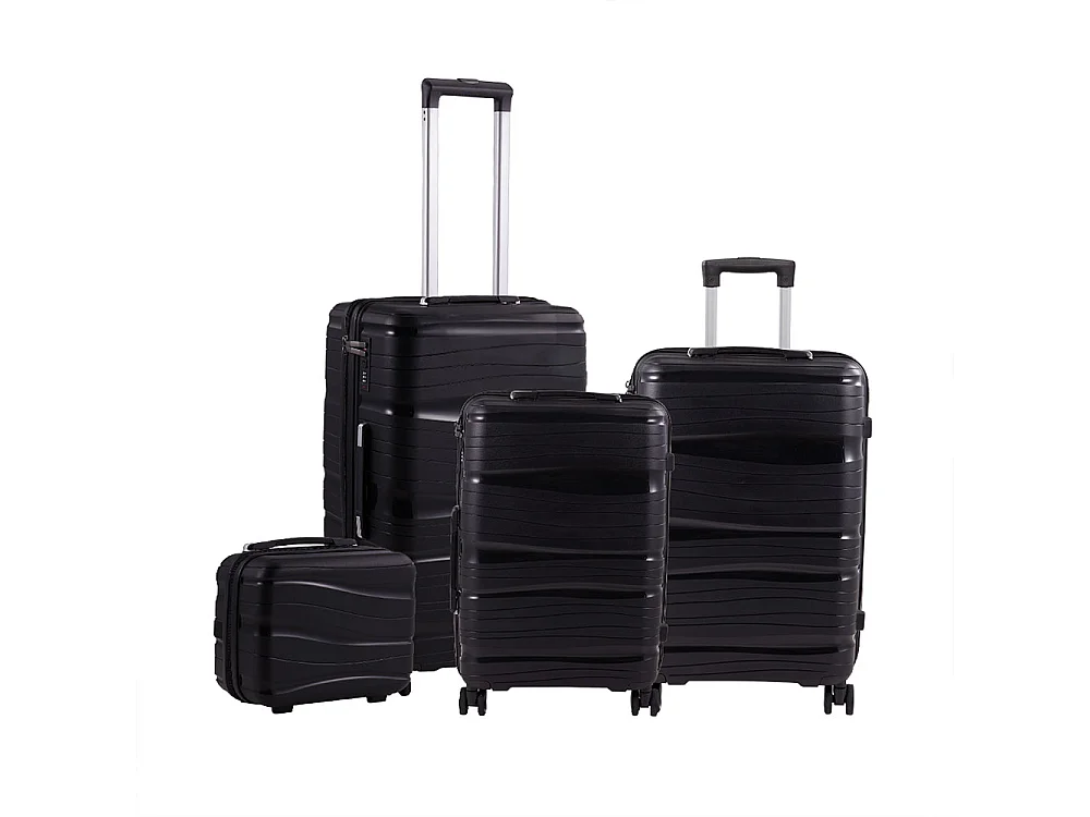 Black 4 Piece PP Hardshell Luggage Set with Spinner Wheels 14 20 24 and 28 Inch